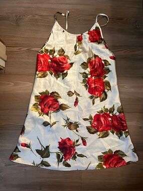 White Mini Slip Dress with Red Rose Print